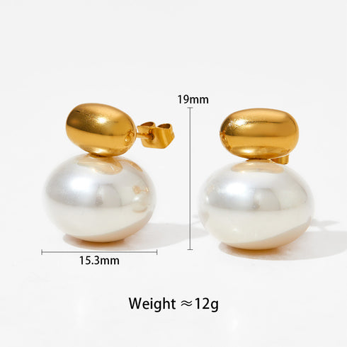 Elegant simple style oval plating inlay stainless steel pearl ear studs