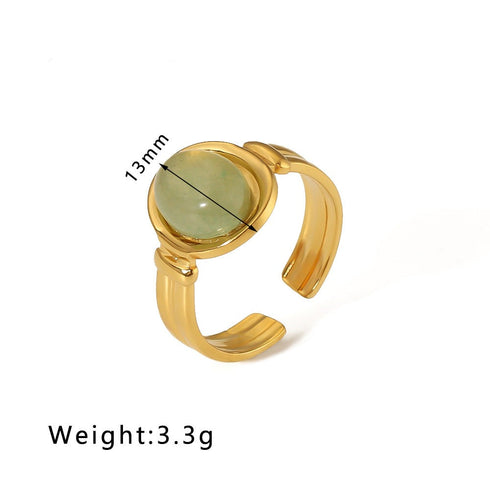 Streetwear round oval stainless steel inlay natural stone open rings