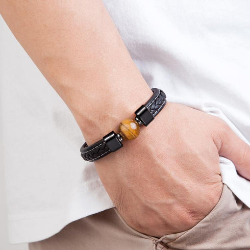 Round natural stone agate tiger eye round men's bangle