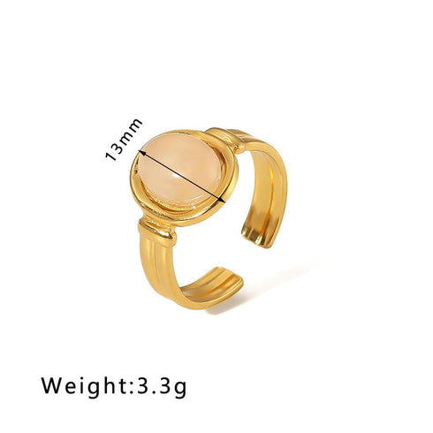 Streetwear round oval stainless steel inlay natural stone open rings