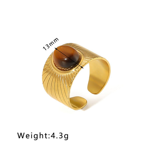 Streetwear round oval stainless steel inlay natural stone open rings