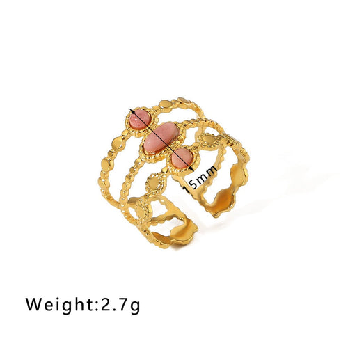 Streetwear round oval stainless steel inlay natural stone open rings