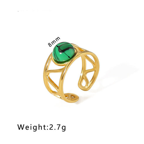 Streetwear round oval stainless steel inlay natural stone open rings