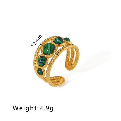 Streetwear round oval stainless steel inlay natural stone open rings