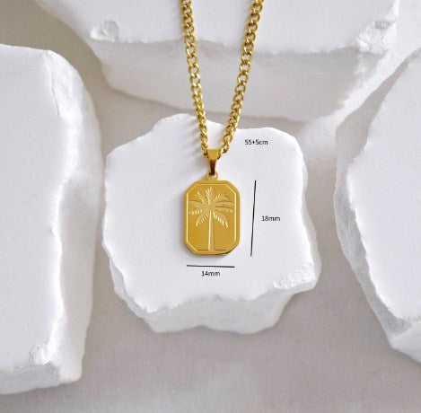 Coconut Tree Rectangle Stainless Steel Gold Plated Men's Pendant Necklace