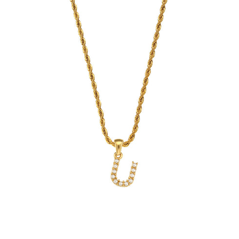 Initial inlay pearl stainless steel necklaces