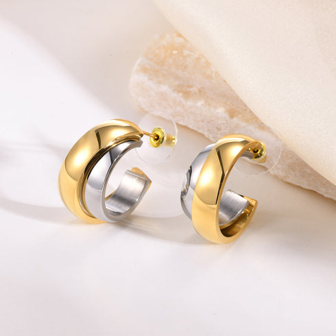Bi color block titanium steel gold plated earrings