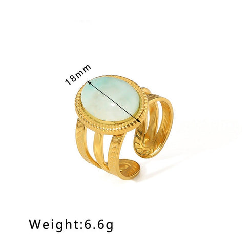 Streetwear round oval stainless steel inlay natural stone open rings