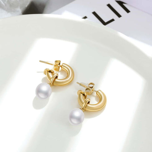 Stainless steel pearl 18k gold plated drop earrings