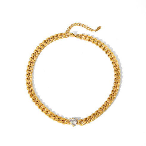 Streetwear heart shape titanium steel inlay zircon necklace