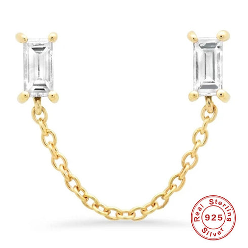Rectangle Chain Inlay Sterling Silver Zircon 18K Gold Plated Ear Studs