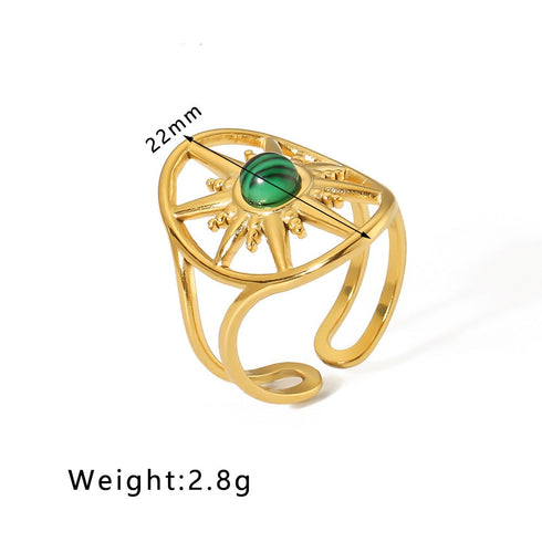 Streetwear round oval stainless steel inlay natural stone open rings