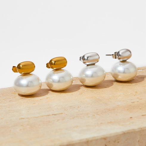 Elegant simple style oval plating inlay stainless steel pearl ear studs