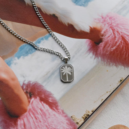 Coconut Tree Rectangle Stainless Steel Gold Plated Men's Pendant Necklace