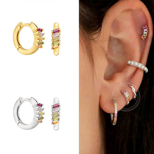 S925 silver needles inlaid colorful zircon geometric round earrings