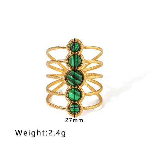 Streetwear round oval stainless steel inlay natural stone open rings