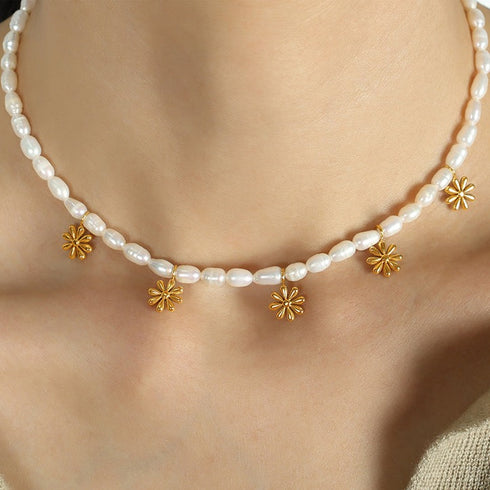 Freshwater pearl titanium steel beaded plating 18k gold plated necklace