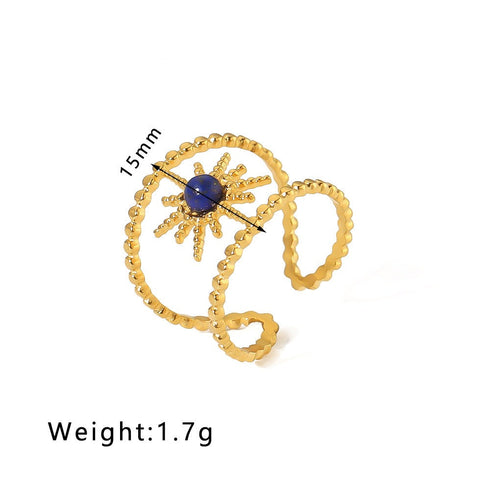 Streetwear round oval stainless steel inlay natural stone open rings