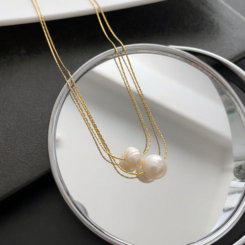 Elegant geometric titanium steel inlay pearls necklaces