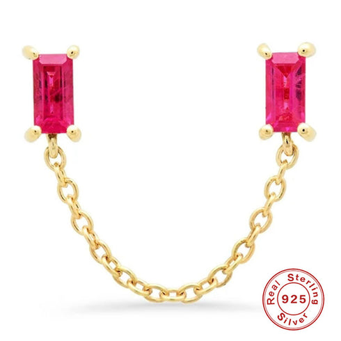 Rectangle Chain Inlay Sterling Silver Zircon 18K Gold Plated Ear Studs