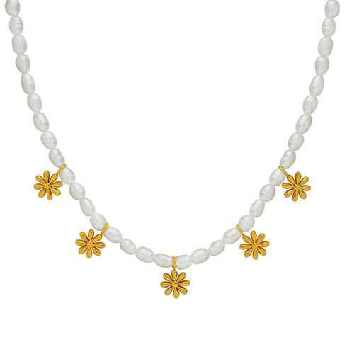 Freshwater pearl titanium steel beaded plating 18k gold plated necklace