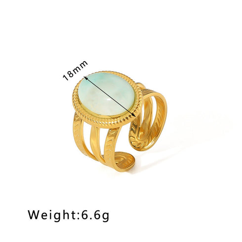 Streetwear round oval stainless steel inlay natural stone open rings