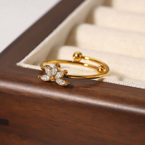 Flower stainless steel plating inlay zircon 18k gold plated open rings