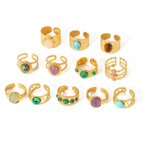 Streetwear round oval stainless steel inlay natural stone open rings