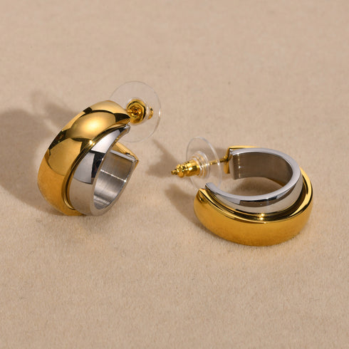 Bi color block titanium steel gold plated earrings