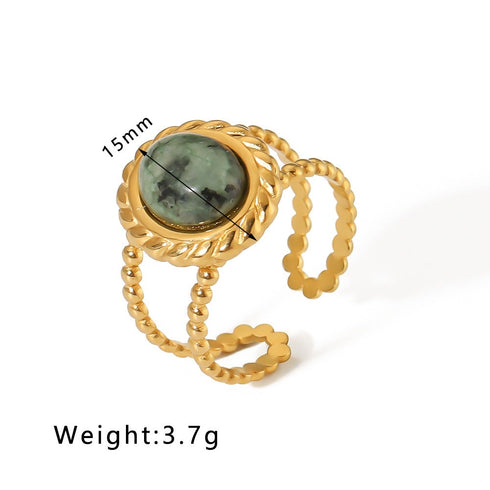 Streetwear round oval stainless steel inlay natural stone open rings
