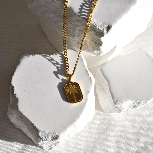 Coconut Tree Rectangle Stainless Steel Gold Plated Men's Pendant Necklace