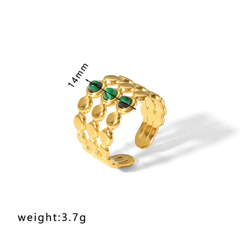 Streetwear round oval stainless steel inlay natural stone open rings