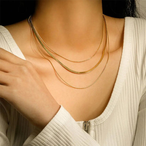 Solid color stainless steel plating 18k gold plated three layer necklace