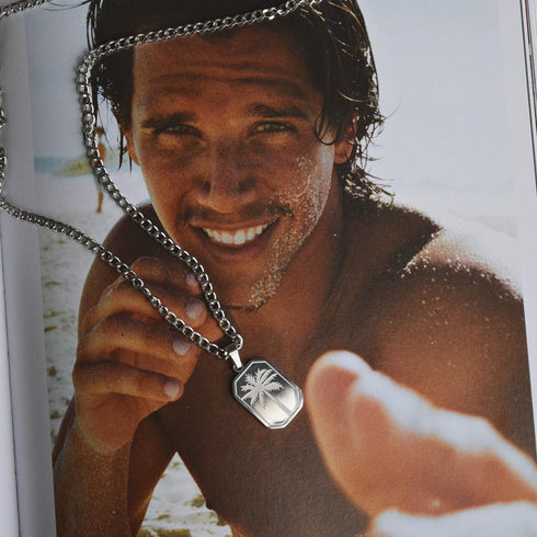 Coconut Tree Rectangle Stainless Steel Gold Plated Men's Pendant Necklace