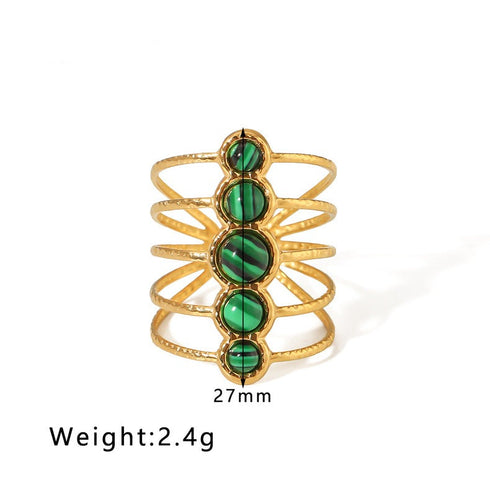 Streetwear round oval stainless steel inlay natural stone open rings