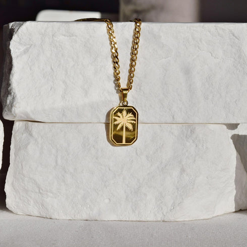 Coconut Tree Rectangle Stainless Steel Gold Plated Men's Pendant Necklace