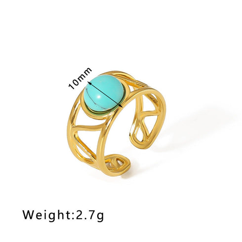 Streetwear round oval stainless steel inlay natural stone open rings