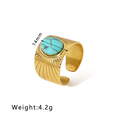 Streetwear round oval stainless steel inlay natural stone open rings