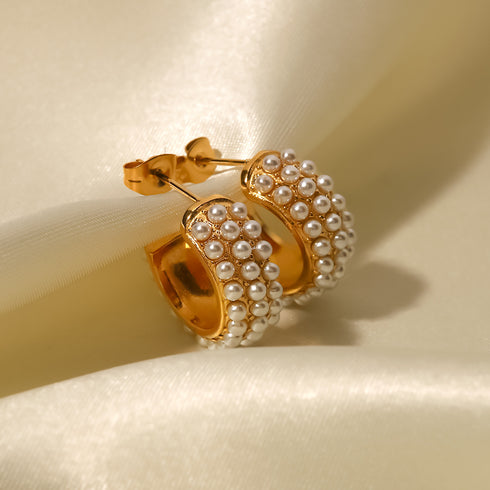 Retro geometric stainless steel artificial pearls hoop