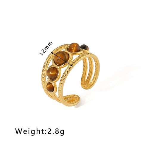 Streetwear round oval stainless steel inlay natural stone open rings