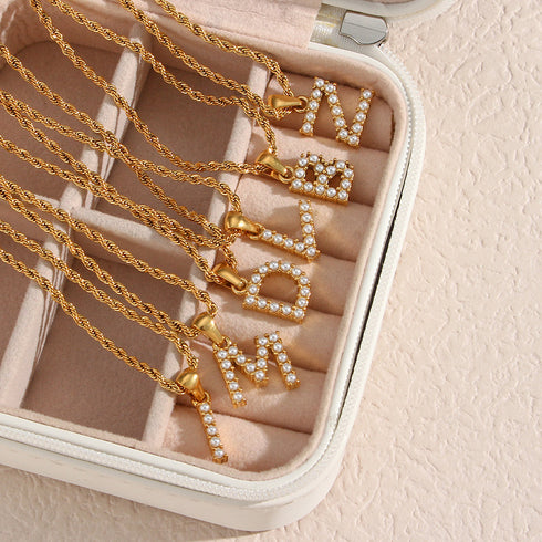 Initial inlay pearl stainless steel necklaces