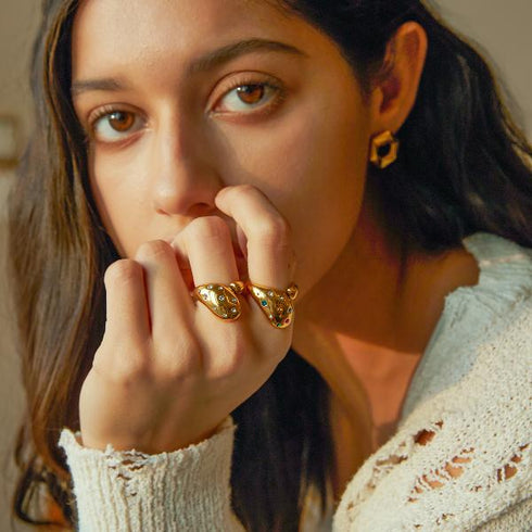 Water droplets stainless steel zircon 18k gold plated open rings