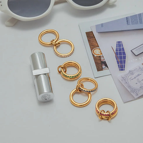 Ladies Sweet Romantic Ring 18K Gold Stainless Steel Double Layer Blue Topaz Double Layer Pink Zircon Double Layer Green Topaz