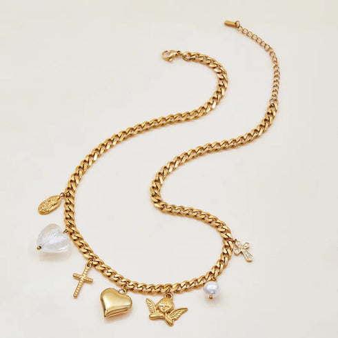 PVD Coated Real Gold Plated Cross Angel Wings Steel Elegant Vacation Waterproof Non Tarnish Surgical 304 Stainless Safety Clasp Closure Necklace