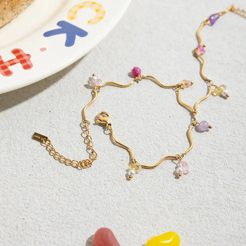 Ladies' Vacation Style 18K Gold Stainless Steel Natural Stone Crystal Colorful Linked Finger Bracelet 16.5+5CM with Auxiliary Chain 13CM