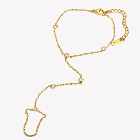 Fashionable Minimalist Round Zircon Women's Hand Jewelry Stainless Steel Plated 18K Gold Water Ripple Finger Chain Accessory