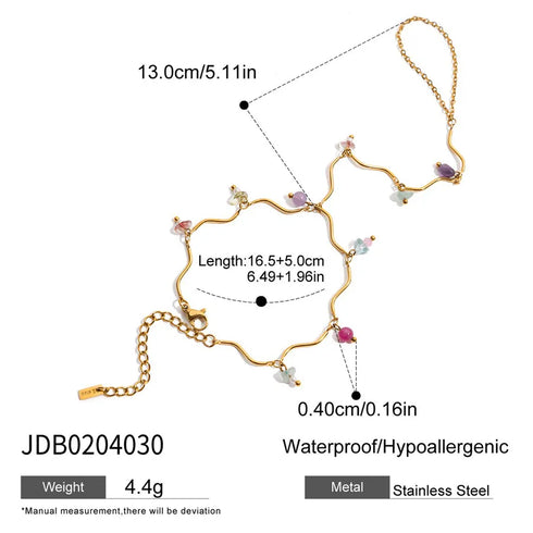 Ladies' Vacation Style 18K Gold Stainless Steel Natural Stone Crystal Colorful Linked Finger Bracelet 16.5+5CM with Auxiliary Chain 13CM