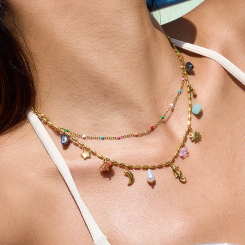 Ladies Vacation Style Necklace 18K Gold Stainless Steel Natural Stone Glass Pearl Oil Drop Colorful Pebble Glass Waterdrop Pendant Star Moon Horsehoe Sun Heart Double Layer Necklace