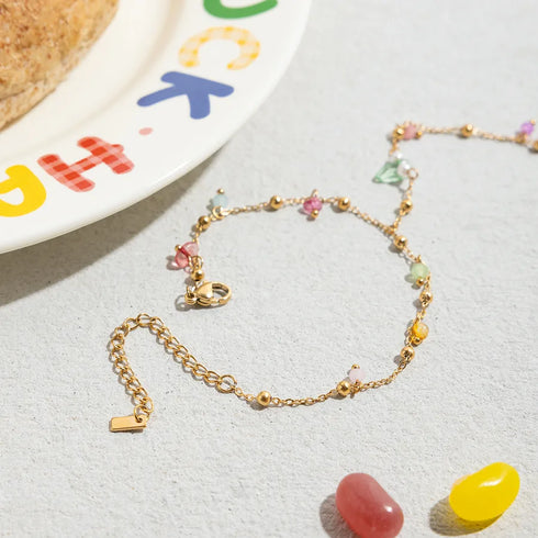 Ladies' Vacation Style 18K Gold Stainless Steel Natural Stone Crystal Colorful Linked Finger Bracelet 16.5+5CM with Auxiliary Chain 13CM