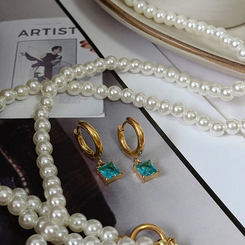 1 pair retro square inlay titanium steel zircon drop earrings